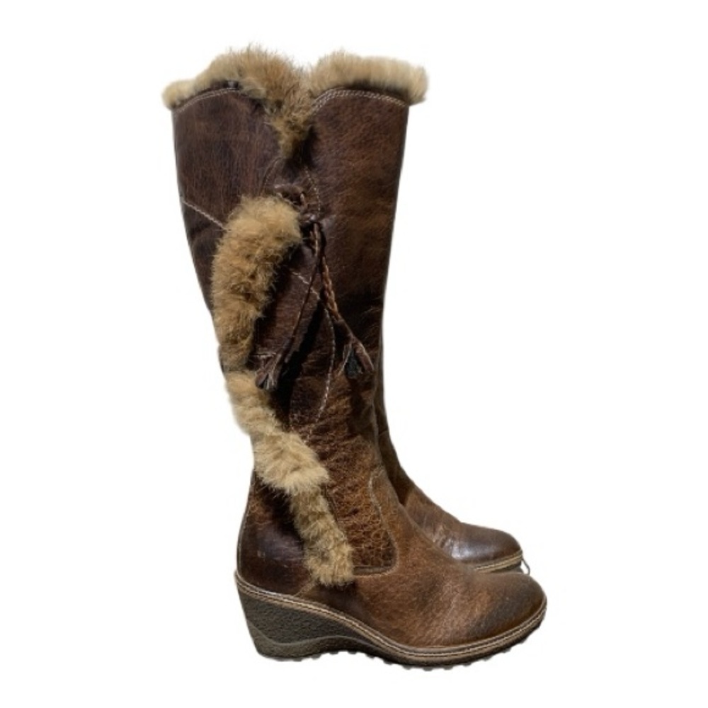 Women's Nine West Italian Made Leather With Fur Trimmed Wedge Boots Size 6.5
